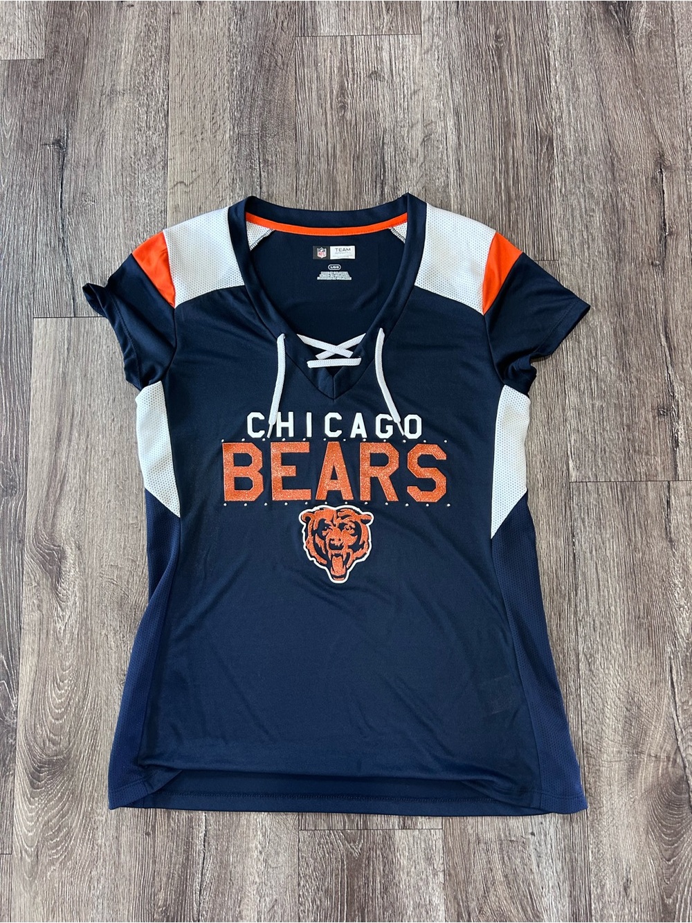 NFL Chicago Bears Navy and Orange Women's Lace-Up Jersey Top Size L